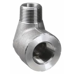 This steel pipe elbow features a 2-inch female NPT threaded connection on one end and a 2-inch male NPT threaded connection on the other. It is used to change the direction of piping in high-pressure fluid, gas, or steam systems. Suitable for industrial applications requiring leak-resistant threaded connections.