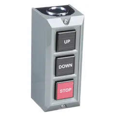 This push-button control station features three momentary actuators configured as Up/Down/Stop with a 2NO/3NC contact arrangement. The red enclosure is designed for indoor use, providing manual control for machinery such as conveyors, hoists, or assembly line equipment. No pilot lights are included.