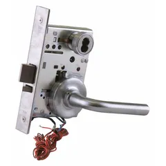 This BEST storeroom lever lockset is designed for interior doors requiring keyed entry from outside and free egress from inside, common in commercial and institutional facilities. It features a satin chromium-plated stainless steel finish, ADA-compliant lever, and interchangeable core for easy rekeying. The 40H rose style provides a clean appearance, and the lockset is not ligature-resistant with no visual indicator.