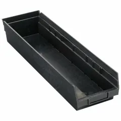 This ESD static-control plastic shelf bin measures 6 5/8 in x 4 in with an overall length of 23 5/8 in. It is black, electrostatic discharge conductive, and nesting capable. Dividers are not included. Suitable for organizing electronic components and sensitive devices in manufacturing or assembly areas.