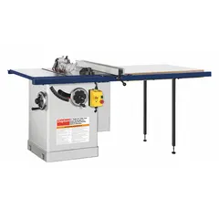 Standard cabinet table saw with a 10 in blade diameter, 16 A current draw, and maximum blade speed of 3,450 RPM. Designed for precision ripping, crosscutting, and mitering in woodworking applications.