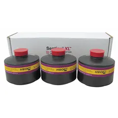 Magenta/yellow combination cartridge/filter for powered air-purifying respirators. NIOSH-rated HEPA with integrated acid gas and organic vapor protection. Pack of 3.