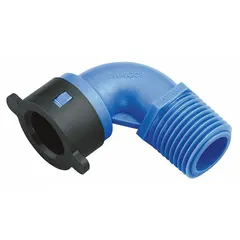 This ABS plastic elbow fitting connects two 1/2" NPT pipes at a 90-degree angle to redirect water flow in irrigation systems. Rated for a maximum working pressure of 80 psi, it is suitable for use in sprinkler and drip irrigation layouts where ABS fittings are specified. Dimensions: 1 inch width, 2 inches height.