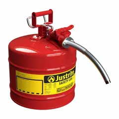 This 5-gallon Type II safety can is designed for dispensing flammable liquids. It includes a 1-inch OD hose and is finished in red. Suitable for transferring fuels, solvents, and other flammables in industrial environments.