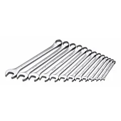 This 13-piece set of SAE 12-point combination wrenches is constructed from alloy steel with a chrome finish. Each wrench features a 15° head offset angle to improve access in confined spaces. The set includes a storage rack for organization. Typical applications include automotive repair, industrial maintenance, and mechanical assembly.