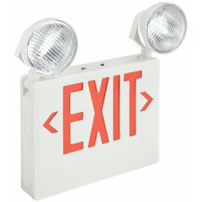OEM Exit Sign with Emergency Lights: White, 1 or 2 Faces, Red, LED, Ceiling/Wall - Plastic Exit Signs with Round Side-Mount Light Heads