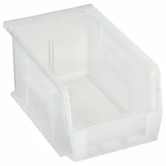 Clear plastic bin for organizing small parts, components, and hardware in industrial workstations, warehouses, and assembly lines. Clear design enables quick visual inventory checks. Integrated label holder supports part identification. Not electrostatic discharge conductive, suitable for general storage.