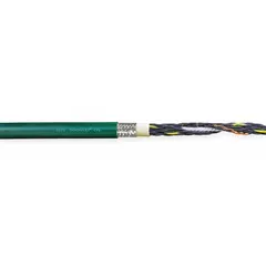 This CHAINFLEX CF6 series continuous flexing control cable features 25 conductors of 18 AWG copper with black and white numbering, a PVC jacket, and a 600 V rating. It is oil and grease resistant and meets CE standards. Minimum bend radius factors are 4 x OD for fixed installation, 5 x OD for flexible use, and 6.8 x OD for e-chain applications. Suitable for automated machinery, robotics, and cable carrier systems requiring repeated flexing.