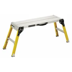 This 1-step folding step stool provides dual-side access for stable low-level standing. Constructed of yellow fiberglass, it supports up to 300 lb and has an overall height of 1.8 ft. Suitable for tasks requiring a secure elevated platform in industrial and maintenance settings.