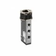 Five-way, two-position spool valve with stainless steel construction. Spring return mechanism. Rated for 145 psi. Designed for panel mounting in pneumatic systems to manually direct compressed air.