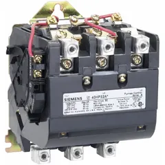 This Siemens NEMA contactor is a non-reversing, 3-pole device rated NEMA Size 3, 90 A, and 120V AC. It is used for switching motor loads and other inductive loads in industrial control panels, such as conveyors, pumps, and compressors.