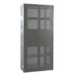 This HALLOWELL ventilated shelf cabinet features a dark gray frame-type base and ventilated body panels for airflow. It includes four adjustable shelves and a swing handle with padlock hasp for lockable security. The cabinet is supplied fully assembled. Typical applications include secure storage of tools, parts, and equipment in industrial environments where ventilation is required.