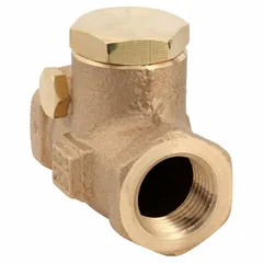 Bronze inline swing check valve with 1/2 in FNPT x FNPT connections. Designed to prevent backflow in piping systems handling water, oil, gas, or steam. Swing disc mechanism allows low-pressure drop and unidirectional flow.