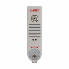 Battery-powered door alarm with horn sound, 100 dB output. Gray plastic body, mortise cylinder. For use on emergency exit doors in commercial buildings.