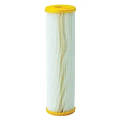 Pleated water filter cartridge with resin-impregnated pleated-cellulose polyester media. Rated at 50 microns, flow rate 10 gpm, overall height 9 3/4 inches. Used for sediment filtration in industrial water systems, including process water, cooling water, and pre-treatment applications.