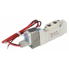 Single solenoid, five-way/two-position valve with 5 ports and 24V DC operation. Features terminal block connection, internal pilot, non-locking manual override, and solenoid return. Used to control pneumatic actuators in industrial automation systems.