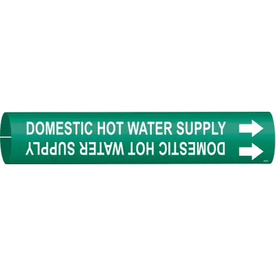 BRADY Pipe Marker: Domestic Hot Water Supply, Green, White, Fits 2 1/2 to 3 7/8 in Pipe O.D. - Domestic Hot Water Supply Snap-On Pipe Markers