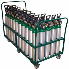 This four-wheel vertical medical cylinder cart from SAFTCART has a raised design and holds up to 50 cylinders with a maximum tank diameter of 4 1/2 inches. It is configured with two rigid casters and is used for transporting and storing medical gas cylinders in healthcare and industrial settings.