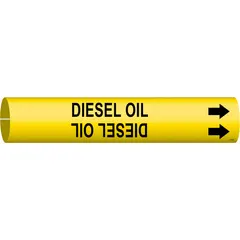Yellow snap-on pipe marker with black legend reading 'Diesel Oil' and directional arrows. Fits pipe outer diameters from 1-1/2 to 2-3/8 inches. Supplied as a single marker for identifying diesel oil lines in piping systems.