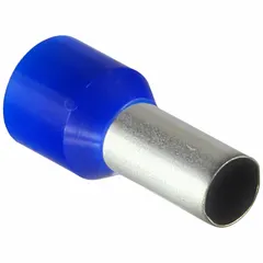 Insulated ferrule for terminating stranded wire into terminal blocks. Blue nylon insulation, 0.24 in ferrule diameter, holds 1 wire. Suitable for industrial control panels, electrical cabinets, and automation systems.