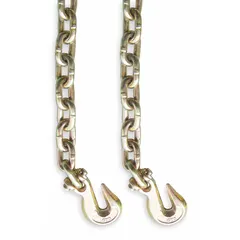 This tie down chain is made of alloy steel with welded construction and a straight link type. It includes a grab hook and is rated for operating temperatures from -40°F to 400°F. The chain is not for lifting applications. Typical use includes securing cargo during transport.