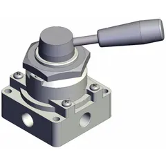 Lever-actuated manual air control valve with panel-mounted, side-ported body. Two-position operation. Ports: 1/4 in NPT. Used to start, stop, or redirect compressed air flow in pneumatic systems.