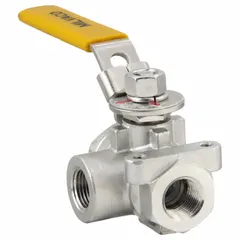 Three-way ball valve with L flow pattern, 3/8 inch size, CF8M stainless steel two-piece body, and locking lever handle. Used for diverting or mixing flow in piping systems requiring corrosion resistance.