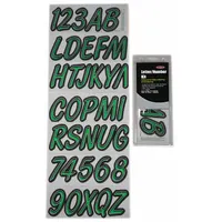 Proprietary black/green boat registration label set with 3-inch character height. Includes numerals 0 to 9 and letters A to Z. Used for vessel identification and marking on boats