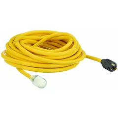 This outdoor extension cord features a single NEMA L5-20P locking outlet and is 50 ft long with 10/3 SJTOW wire. Rated for 125V AC, it operates in temperatures from -58° to 194°F. The yellow jacket provides visibility. Suitable for powering equipment in outdoor settings requiring a secure connection.