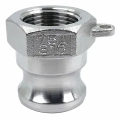 This Type A cam and groove adapter features a 3/4 in-14 FNPT thread and a body made of 316 stainless steel for corrosion resistance. With an overall length of 1 17/32 in, it is used for quick, tool-free connections in fluid transfer systems. Note: does not include a locking arm.