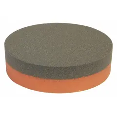 This handheld India dual-grit oilstone is made of aluminum oxide with coarse and fine grits, allowing for initial edge shaping and final finishing. It is used for sharpening and honing cutting tools such as knives, chisels, and plane blades. Dimensions: 4 in length, 1 in width, 1 in height.