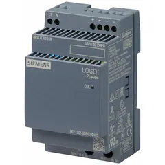 Single-phase DIN rail mount DC power supply in a plastic housing. Accepts 100 to 240 V AC input and delivers a rated output of 54 W at 4.5 A. Used to provide regulated DC power to control panels, automation systems, and machinery.