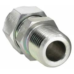 Double-ferrule steel compression fitting adapter with Compression x MNPT connection. Thread size 7/8-20. Compatible with Parker A-LOK fittings. Used to connect tubing to male NPT threads in hydraulic and pneumatic systems.