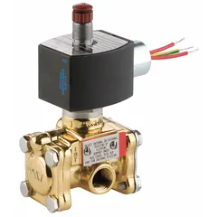 This REDHAT solenoid valve is a 3-way/2-position, normally closed design with a 1 in pipe size and 110V AC voltage. It features a watertight coil enclosure and an NBR seal for high-flow applications. Suitable for diverting or mixing media in pneumatic or hydraulic systems handling oils, water, or air.
