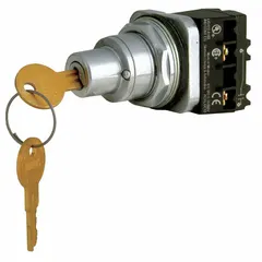 Panel-mounted key switch with a 30 mm mounting size. Features a 2-position maintained/maintained switch action and a 1NO contact form. Key can be removed in any position. Suitable for industrial control applications requiring secure operator access, such as enabling or disabling machinery or selecting operating modes.
