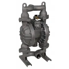 This air-operated double diaphragm pump features a cast iron housing with 1 1/2 in NPT connections. It delivers a maximum flow of 107 gpm and a head of 231 ft. The seat and check valves are made of Santoprene, making it suitable for transferring abrasive or viscous fluids in industrial applications.