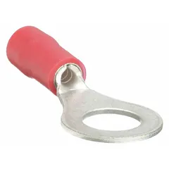 Vinyl-insulated ring terminal rated for 600 V. Accepts wire sizes 22 AWG to 16 AWG with a 3/8 in stud size. Used for secure crimp termination in electrical connections.