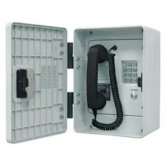 Surface-mount VoIP phone with corrosion-resistant Hytrel plastic housing and conformal-coated PCBA. Features a Braille keypad, non-movable hook switch, and 10/100 Base-TX Ethernet connectivity. Rated for indoor use in hazardous areas where standard phones are unsuitable.