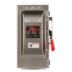 This Siemens fusible safety switch is rated for 30 A, three-phase, 600V AC. It features a 304 stainless steel enclosure suitable for indoor or outdoor use, providing corrosion resistance. Used for disconnecting electrical circuits in industrial and commercial applications.