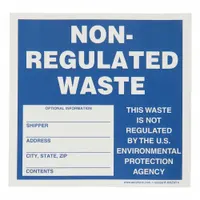 Vinyl label for marking non-regulated waste shipments. Measures 6 inches by 6 inches with a blue background and includes fields for shipper, address, city, state, zip, and contents. Supplied in a pack of 25 labels