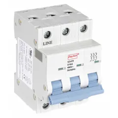 This 3-pole supplementary protector from the NDB2-63 series features a D-curve trip characteristic for moderate inrush currents. Rated 16A at 480V AC with a maximum interrupting rating of 7.5kA, it uses screw clamp terminals for secure wiring. Suitable for DIN rail mounting in control panels and industrial equipment requiring UL1077 supplementary overcurrent protection.