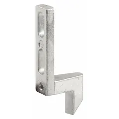 This screen door keeper secures the door in a closed position by providing a latching point for the locking mechanism. It is suitable for use on residential screen doors and storm doors. The keeper has a silver, zinc-plated finish and measures 1-5/16 inches in height, 5/16 inches in length, and 1/2 inch in width. Supplied as a pair (1 PR).