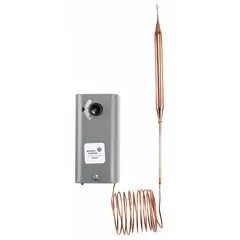 Steel-enclosed indoor two-stage line-voltage mechanical thermostat with SPDT switch action (open/close on rise). Temperature control range 40° to 90°F, adjustable differential 3.5°/2° to 7°F. Operates on 24 to 277V AC. Includes 6 ft capillary with 6 ft x 3/8 in bulb. Suitable for HVAC applications such as controlling fans, valves, or electric heaters.