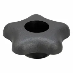 Plastic snap-lock knob with five arms for manual clamping and adjustment on industrial machinery. Features M10 thread with 1 in thread length and 2.27 in diameter. Suitable for frequent hand-tightening applications.