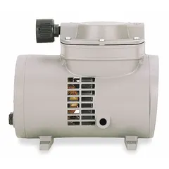 This diaphragm combination compressor and vacuum pump from THOMAS operates on 115V AC, delivering 1.3 cfm at 0 psi with a maximum continuous pressure of 20 psi. It is suited for applications requiring both compression and vacuum in a single unit, such as in pneumatic systems, air sampling, and laboratory equipment.