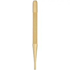 Round brass punch with a flat tip, 3/32 in tip diameter, and 4 in overall length. SAE type. Non-sparking construction for use in environments where sparking is a hazard, such as when driving out pins and fasteners.