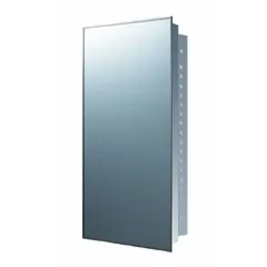 Wall-mounted mirrored medicine cabinet with a rectangular glass mirror and a stainless steel frame in a Bright Annealed finish. Non-lighted design suitable for bathrooms and dressing areas. Overall height 30 inches, overall width 18 inches.