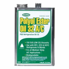 Polyol ester synthetic refrigeration oil with ISO-32 viscosity grade and 150 SUS. Compatible with HFC refrigerants, specifically R-32, and A2L refrigerants. Yellow color, pour point -52°F. Suitable for lubricating compressors in commercial and industrial HVAC and refrigeration systems.