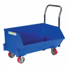 This low-profile hopper truck from VESTIL has a 6.7 cubic foot capacity and a load capacity of 1,000 pounds. It is finished in blue and equipped with two swivel casters with brakes. Suitable for collecting and transporting bulk materials, scrap, or waste in industrial environments.