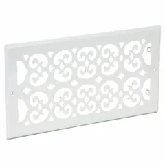 This surface-mount grille is designed for wall-mounted HVAC return air openings. It combines a white steel finish with an integrated filter to trap dust and debris. Dimensions: 13-1/2 in height, 7-1/2 in width, 1/2 in depth. Not fire rated.